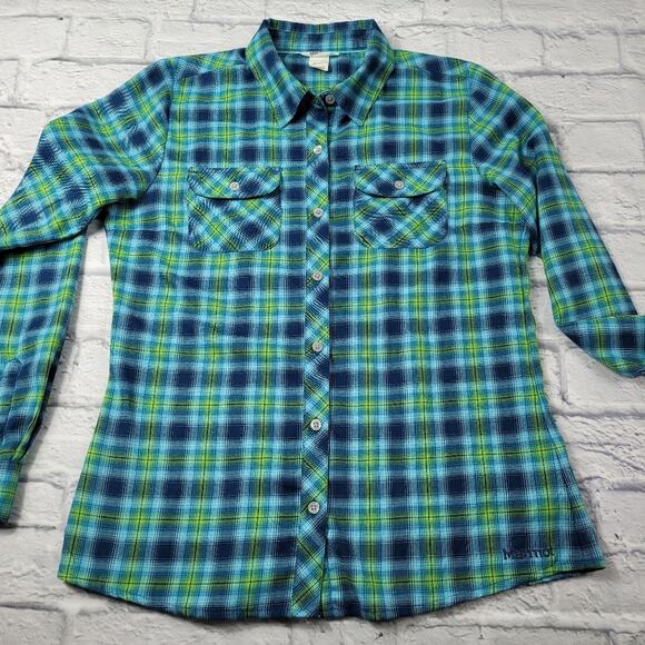 Marmot Blue Plaid Flannel Fitted Shirt size Medium - Picture 3 of 14